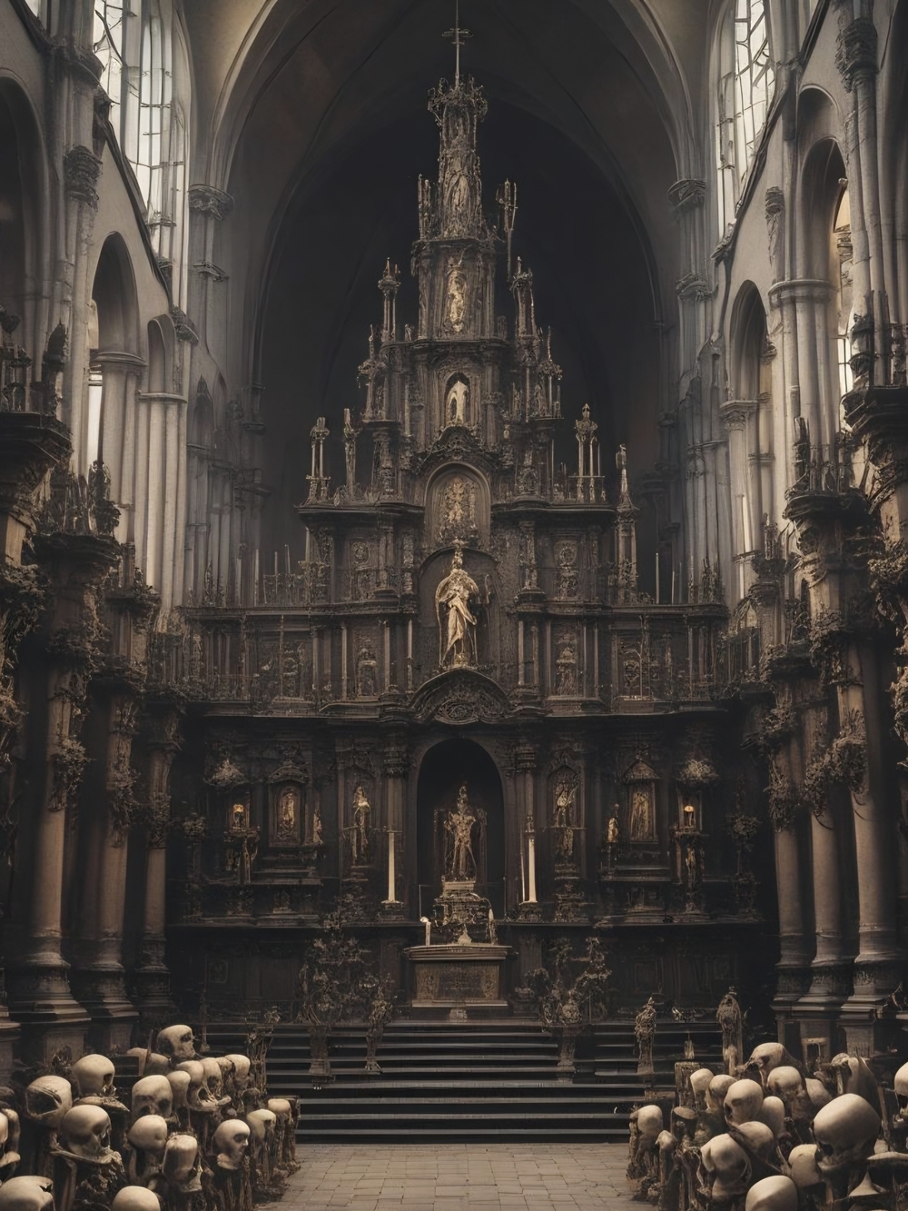 Gothic Cathedral Altar Art Print in Deep Brown Tones